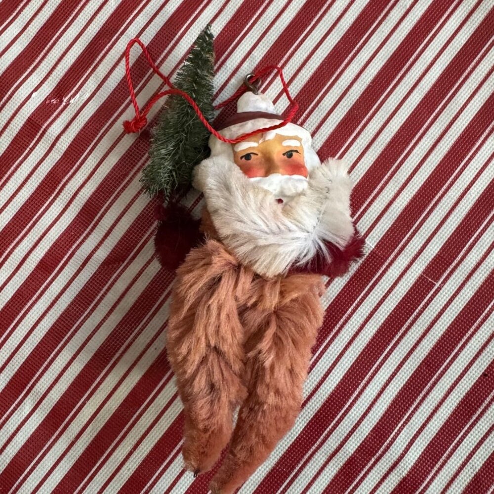 Vintage Christmas Red Chenille Santa Claus Ornament Brush Tree Composition Face